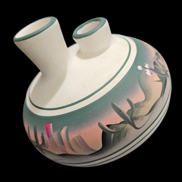 New West Pottery Double Spout Vase Southwest Desert Scene Hand Painted AZ - Picture 5 of 8